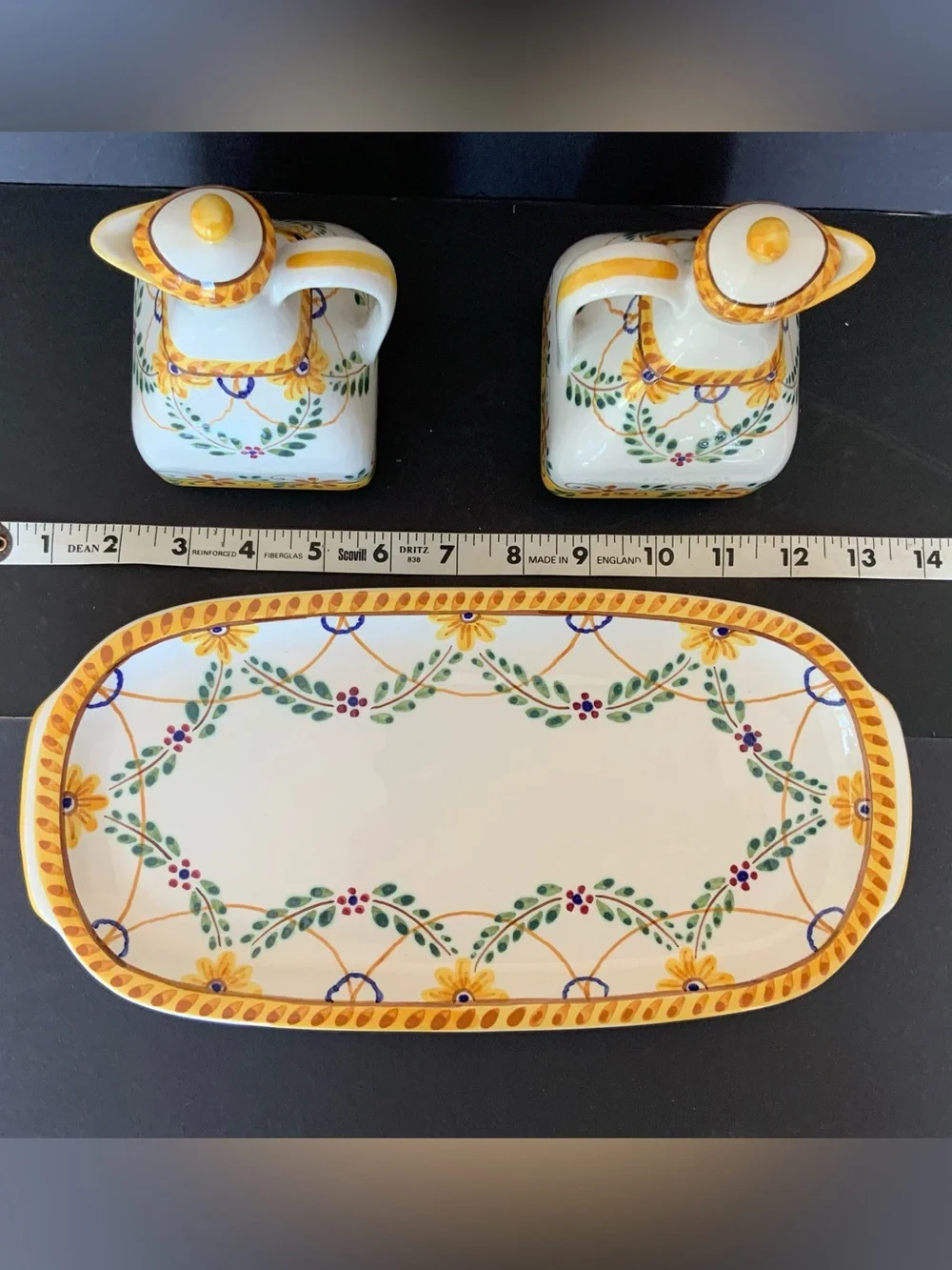 Handpainted Ceramic Oil & Vinegar Cruets Set with base tray, Portugal